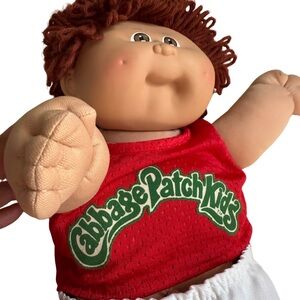 Vintage 1982 Cabbage Patch Kid Doll Brown Eyes Reddish Brown Hair Red Jersey #55